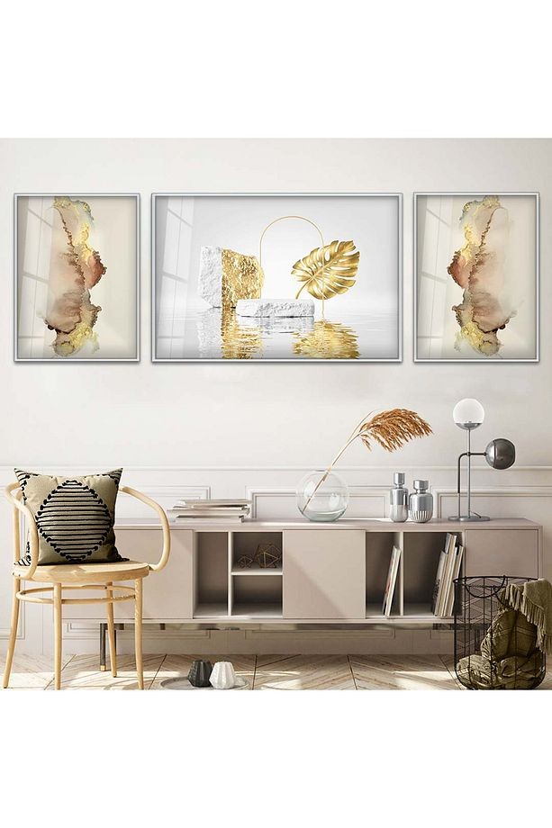 Gümüş Metal Çerçeveli Altın Desen Modern Kırılmaz Cam Tablo