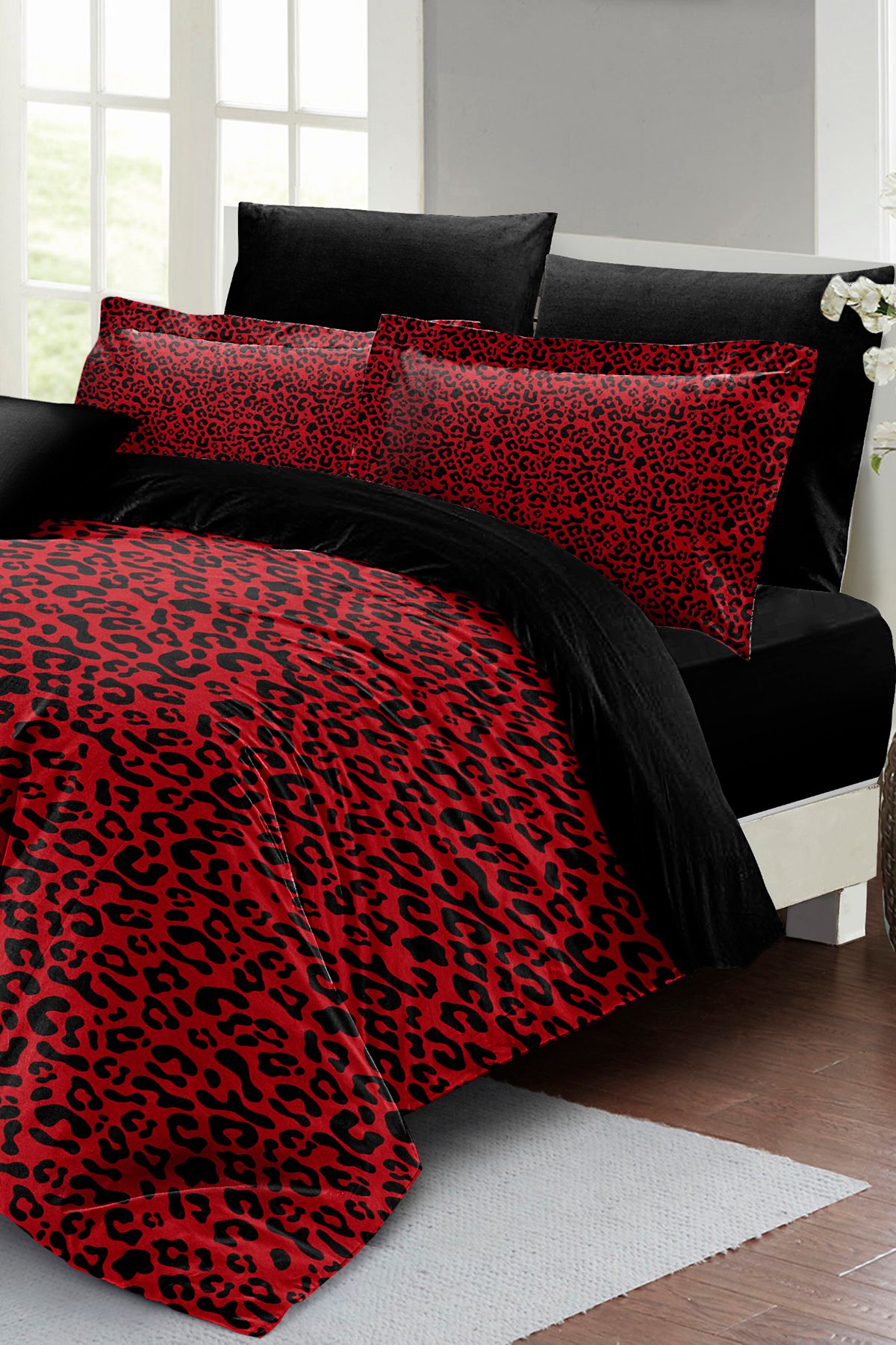 %100 Pamuk Saten 3d Çift Kişilik Nevresim Takımı Red Leopar