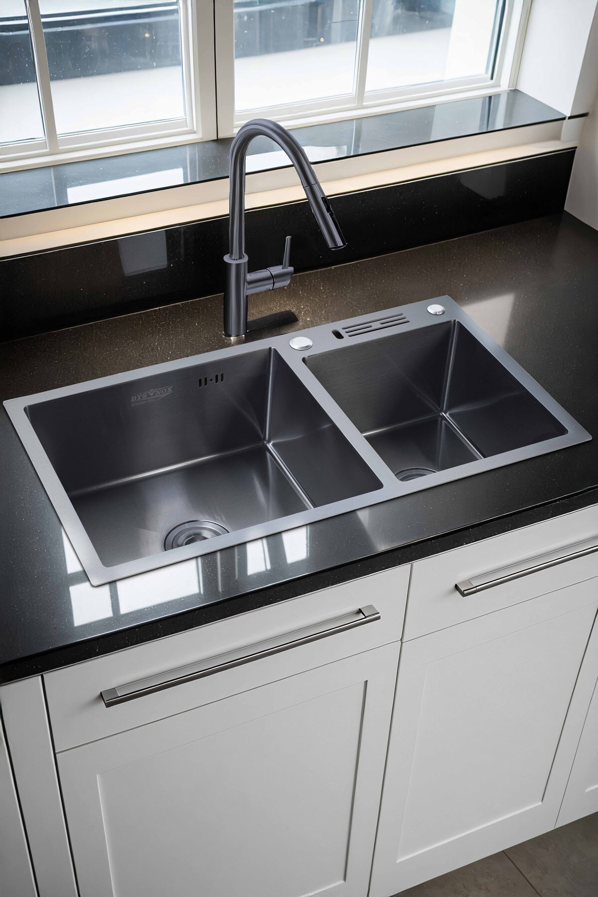 Sun Serisi %100 Krom 82x45 Siyah İki Göz Bıçak Yuvalı Paslanmaz Mutfak Eviyesi, Mutfak Lavabosu