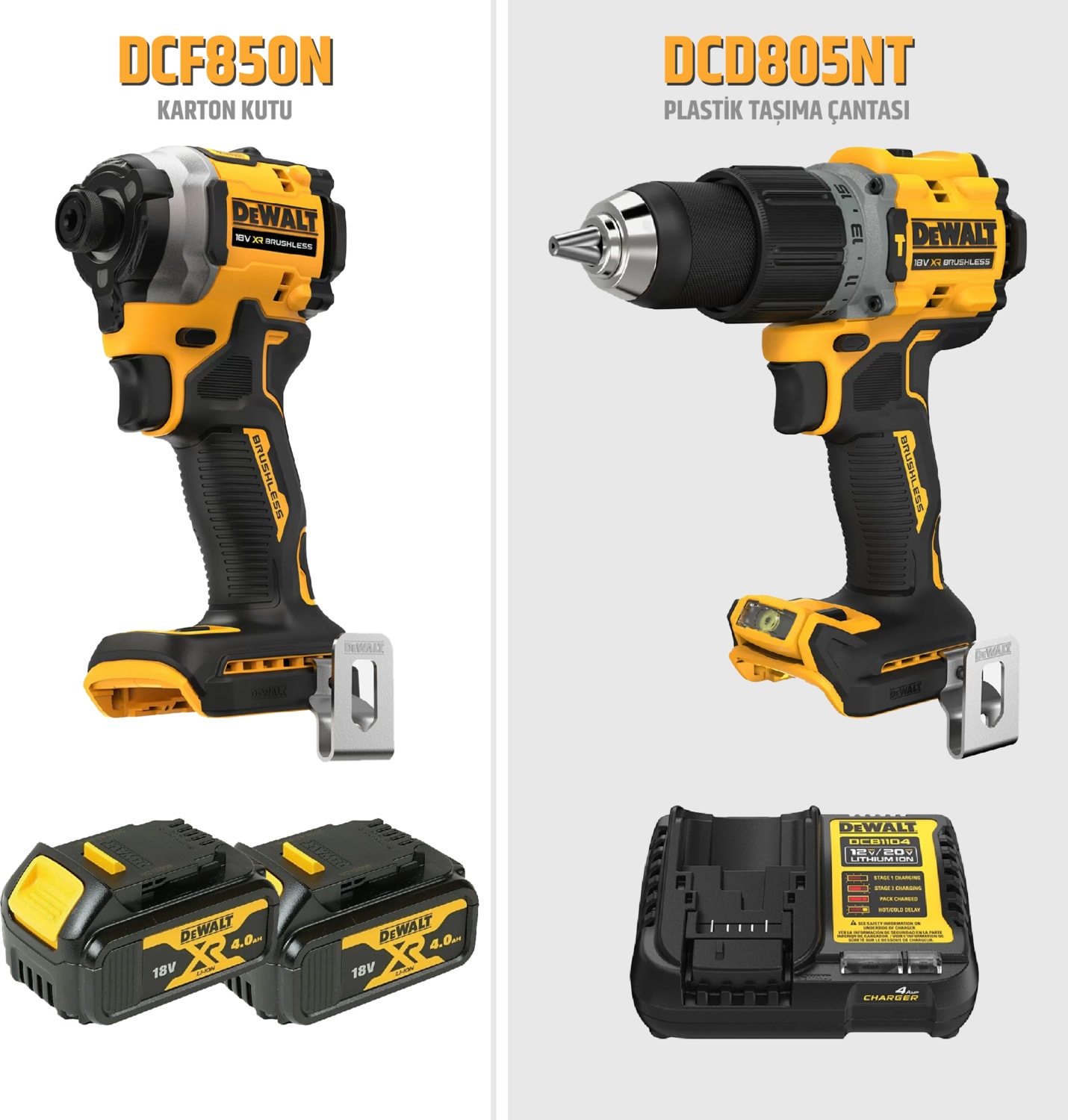 DEWALT DCD805NT Darbeli Matkap + DCF850N Torklu Vidalama + 2 Akülü Ikili Set