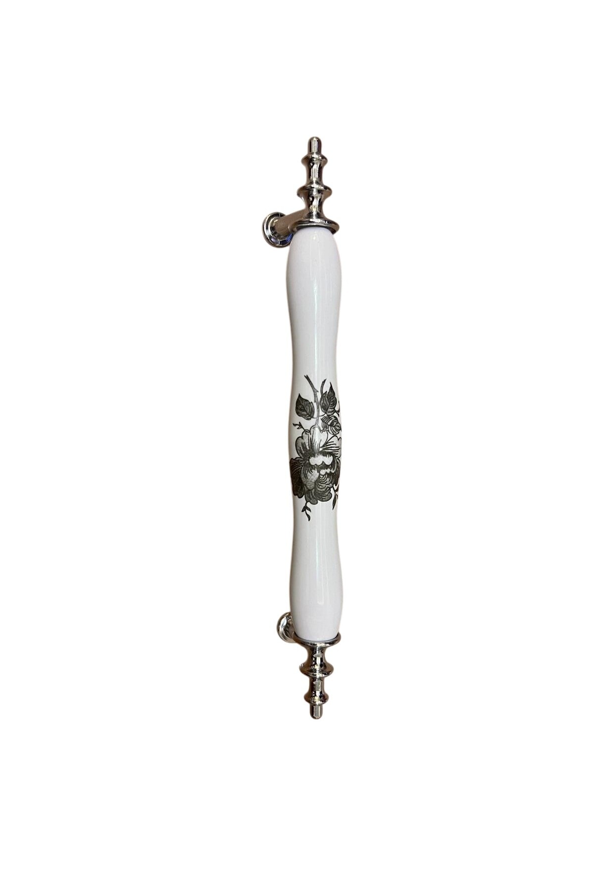 OZKUVVET Porselen Kulp 128mm(12.8cm) Siyah Gül Desenli (Ayak krom) Mobilya Çekmece Kapak Kulbu