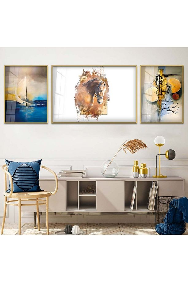 Gold Metal Çerçeveli Modern Çizim At Üçlü Kırılmaz Cam Tablo Seti
