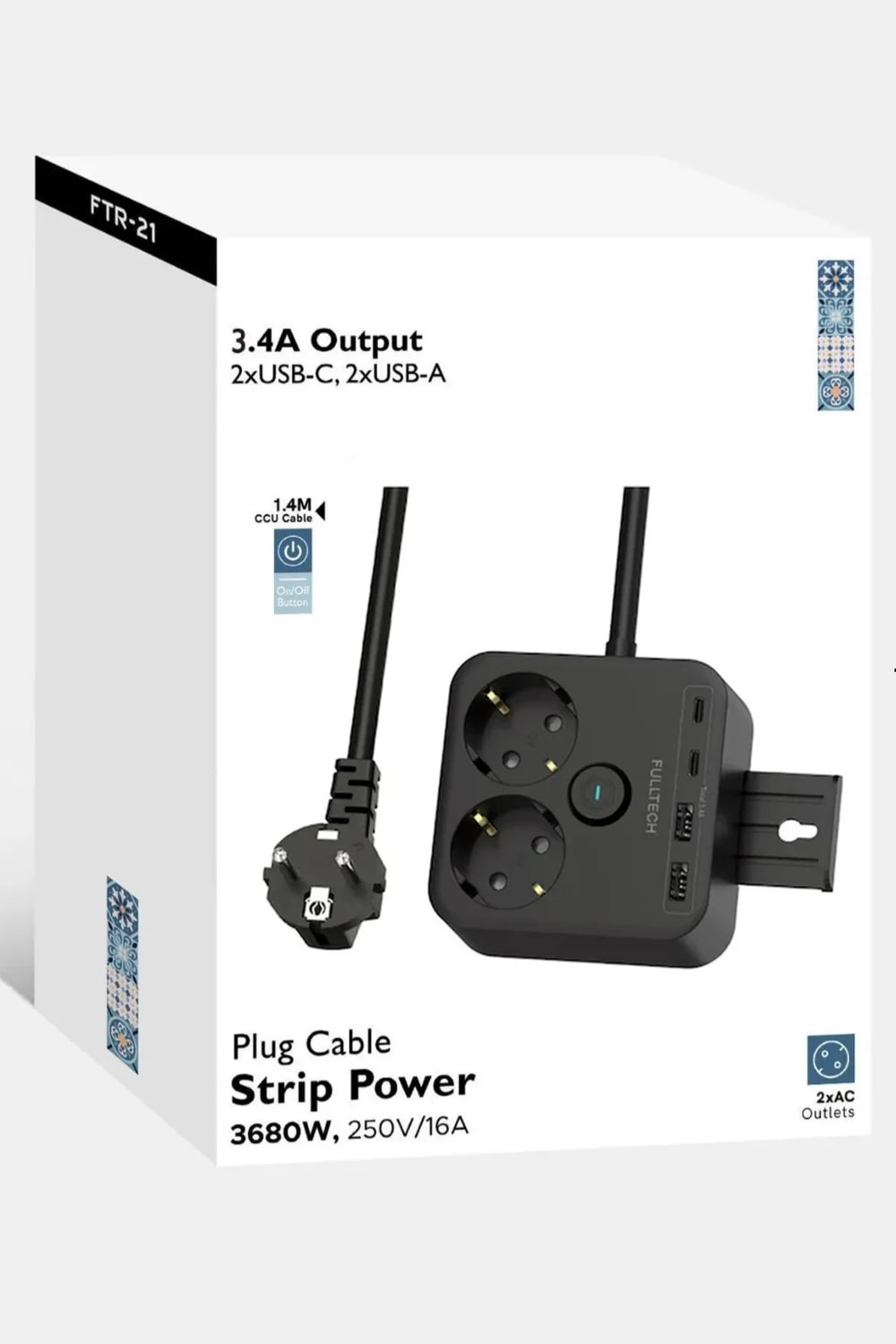 Akım Korumalı Priz 2'li Priz 2x USB Girişi 2x Type-C Girişi 2mt Kablo Grup Priz Ftr-21