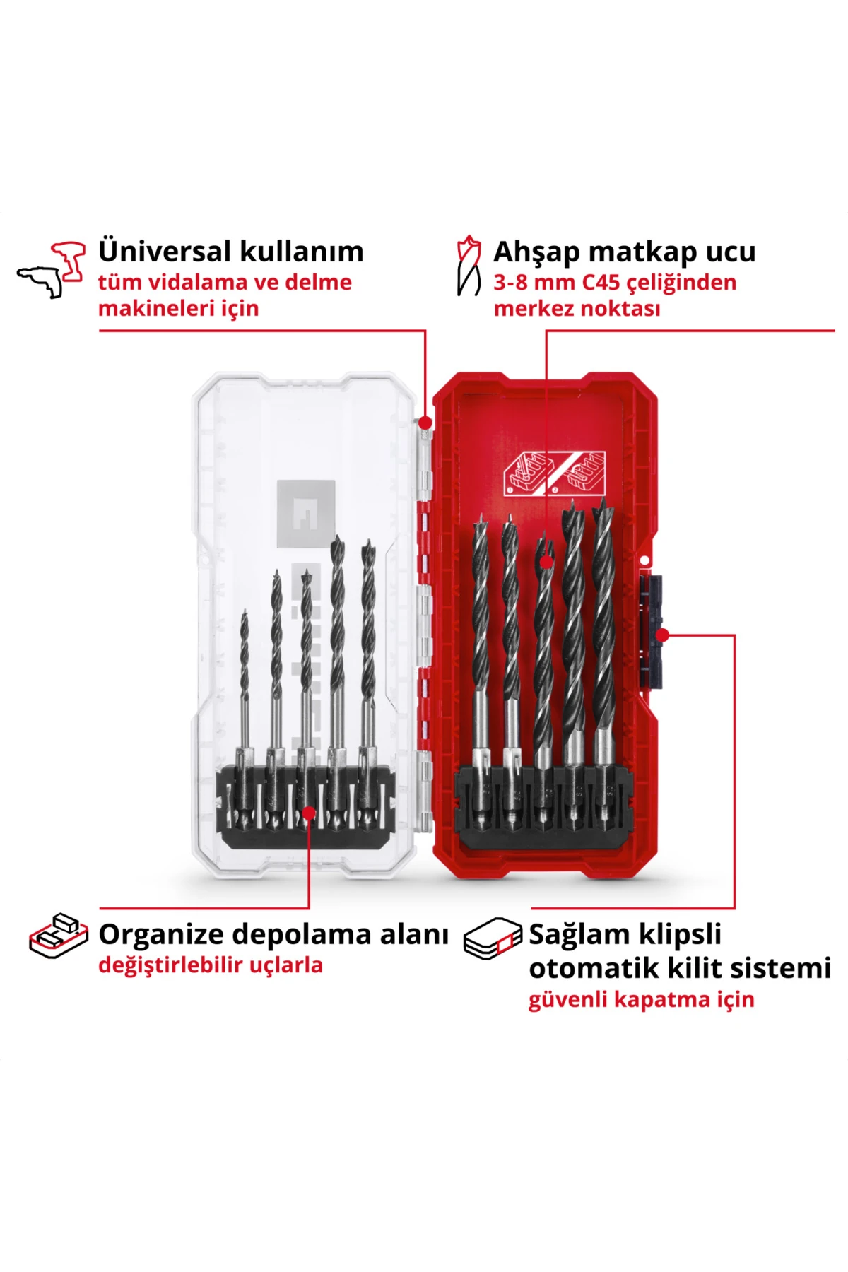 10 Parça Ahşap delme uç seti, S-CASE kutu