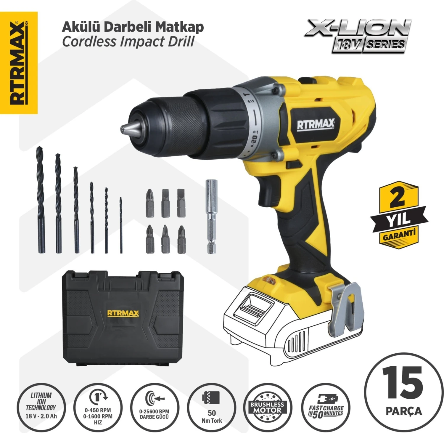 RTX1820B Şarjlı Darbeli Matkap 50 Nm - Akü Hariç