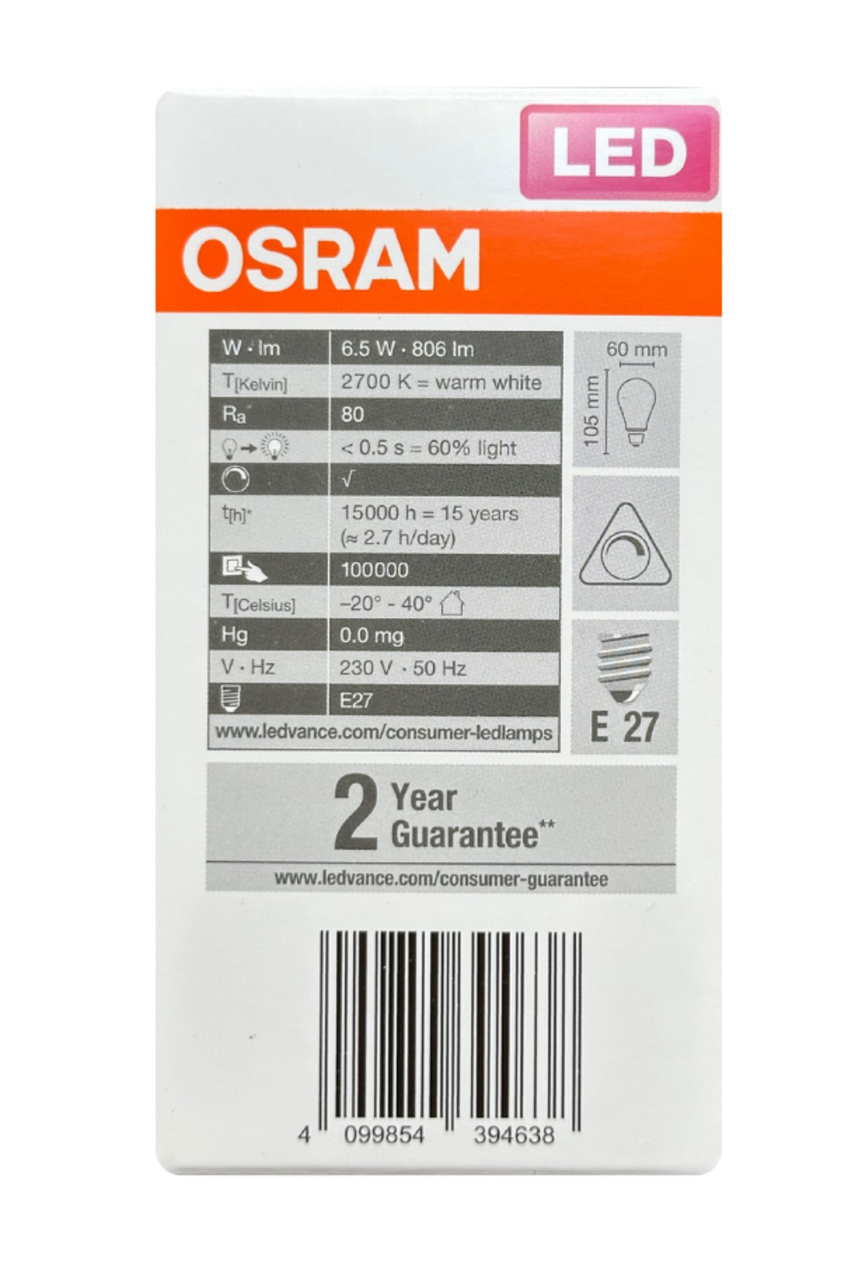 (2 Adet) 6,5W (60W) 2700K (Sarı Işık) Dim Edilebilir E27 Duylu (Kalın Duy) Led Şeffaf Ampul