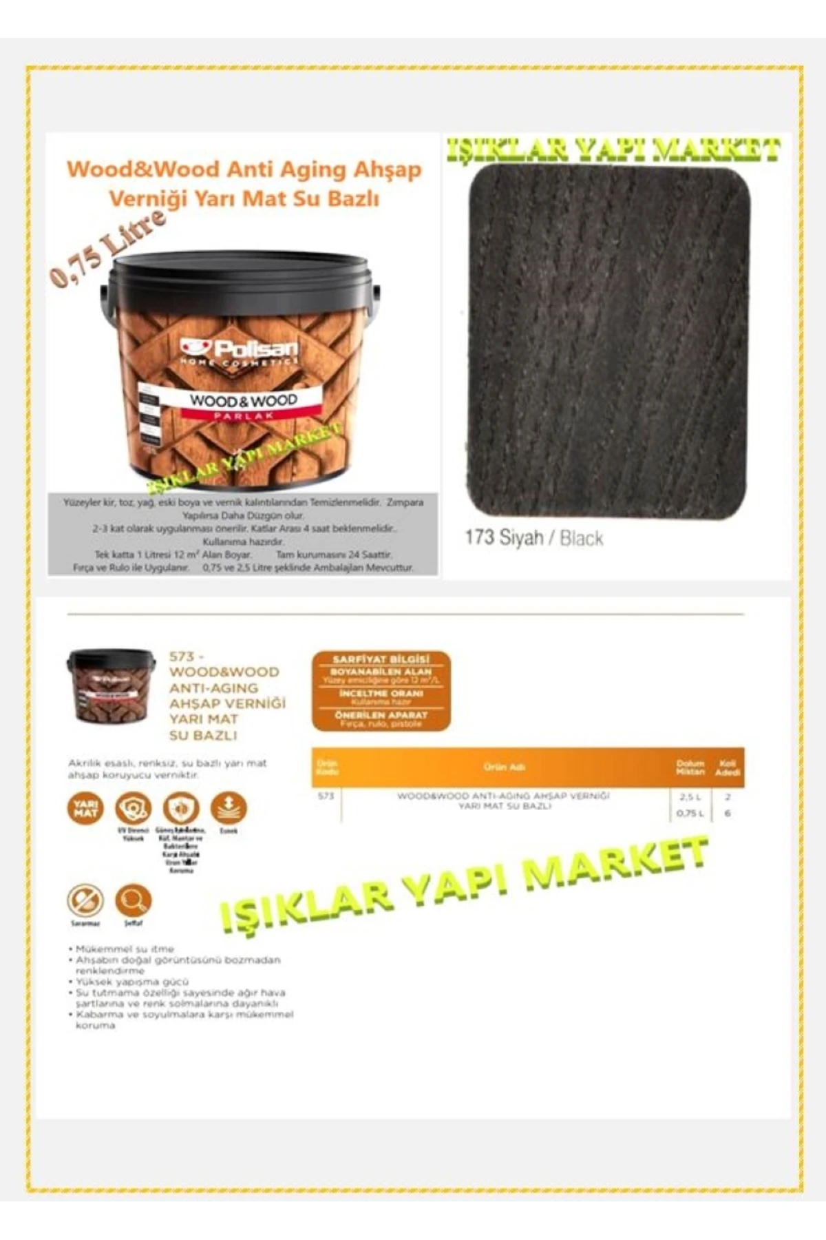 Wood&w-antiaging-ahşap Verniği-yarı Mat-su Bazlı-0,75litre (0,850KG.)-173-siyah