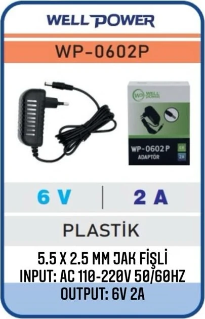 6V 2A Adaptör 6 Volt 2 Amper 5.5 x 2.5 mm Jak Fişli Plastik Kasa Adaptör  WP-0602P