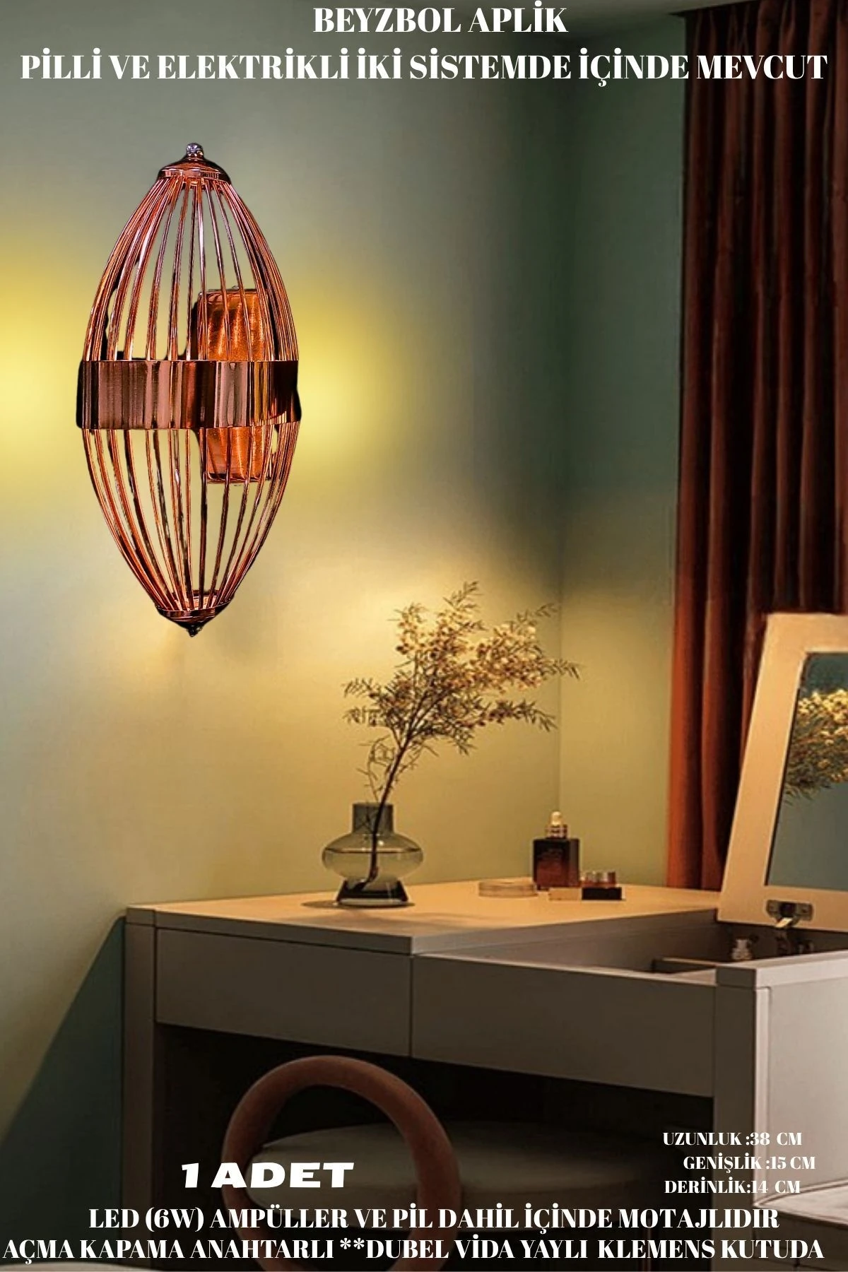 Beyzbol Rose , Pilli Aplik, Anahtarlı, Pilli Elektrikli 1 Adet Ledli Duvar Aplik,