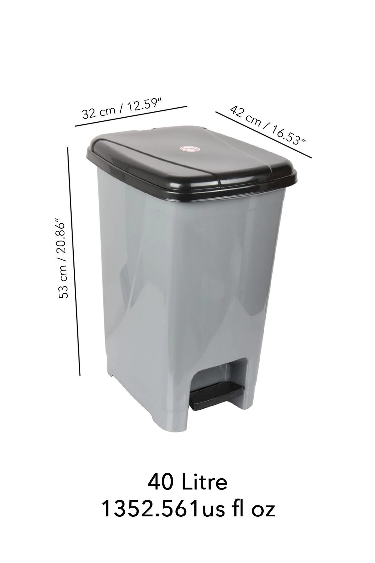 40 Litre Pedallı Gri Banyo Mutfak Çöp Kovası Siyah Kapaklı Slim Pedallı Çöp Kovası