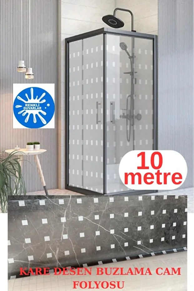 45cmx10 metre 1 Adet Kare Desen Cam Kumlama Folyosu-Buzlu Cam Filmi Duşakabin Balkon Pencere Ev Ofis