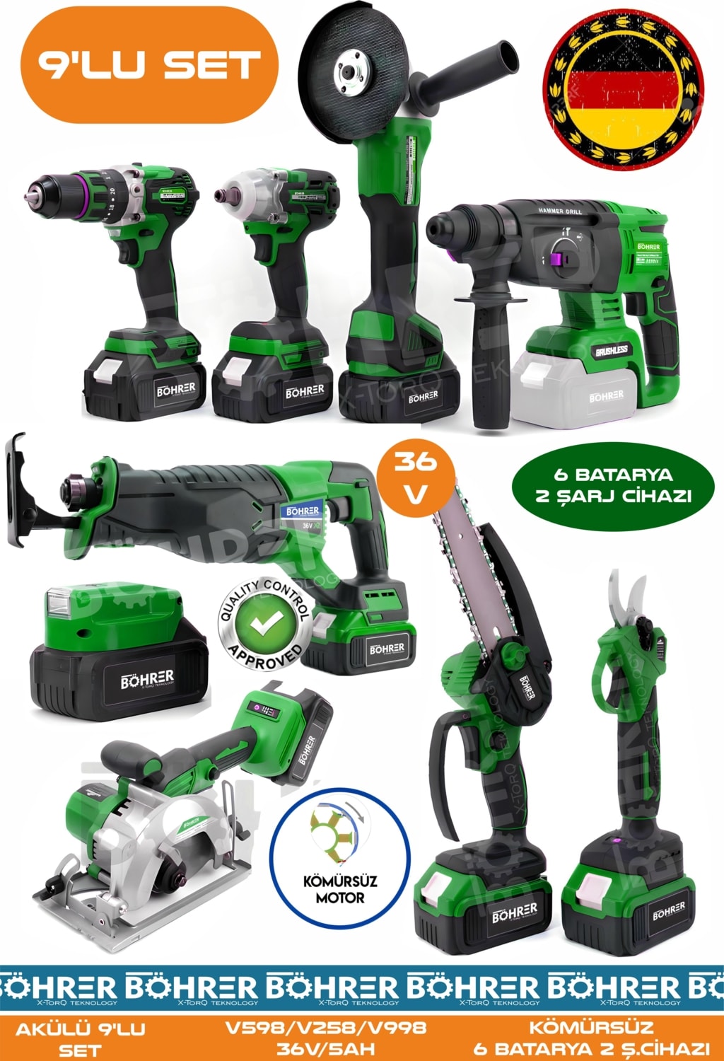 Alman BA01081Y 6 Akülü 2 Şarjlı Kömürsüz V598 5AH Profesyonel 9 Makine Kombo Set - Yeşil Green