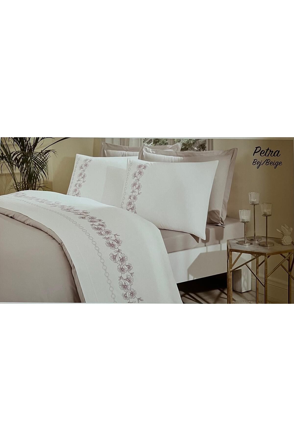Çift Kişilik Boutique Nevresim Takımı Nakışlı - Petra Bej