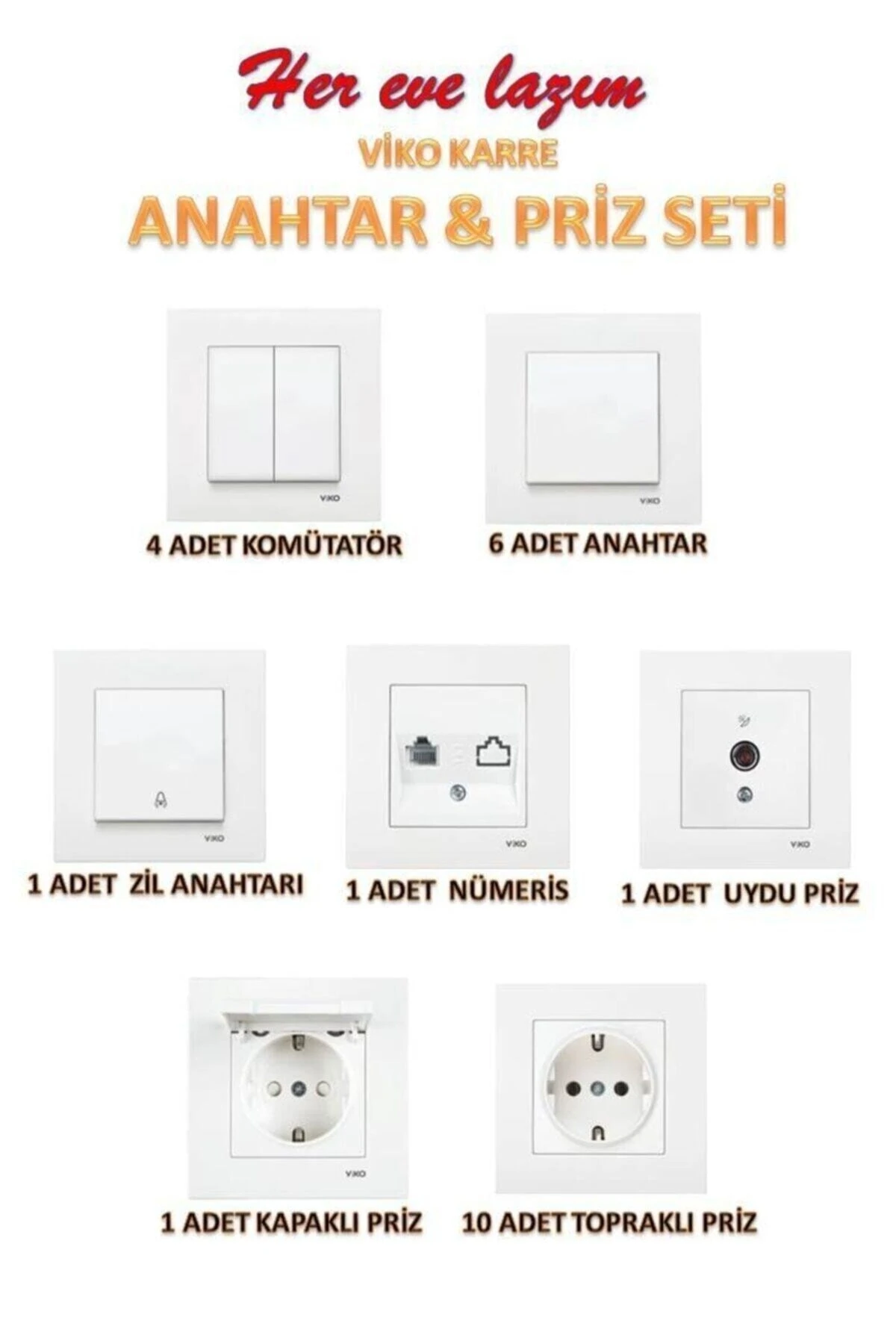 Karre Anahtar & Priz Seti Beyaz (24 Adet) Çerçeveli