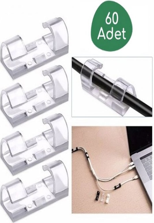 60 Adet Kablo Düzenleyici Duvar Fayans Cam Kablo Tutucu Yapışkanlı Klips Şeffaf Renk 60'lı Düzenleme