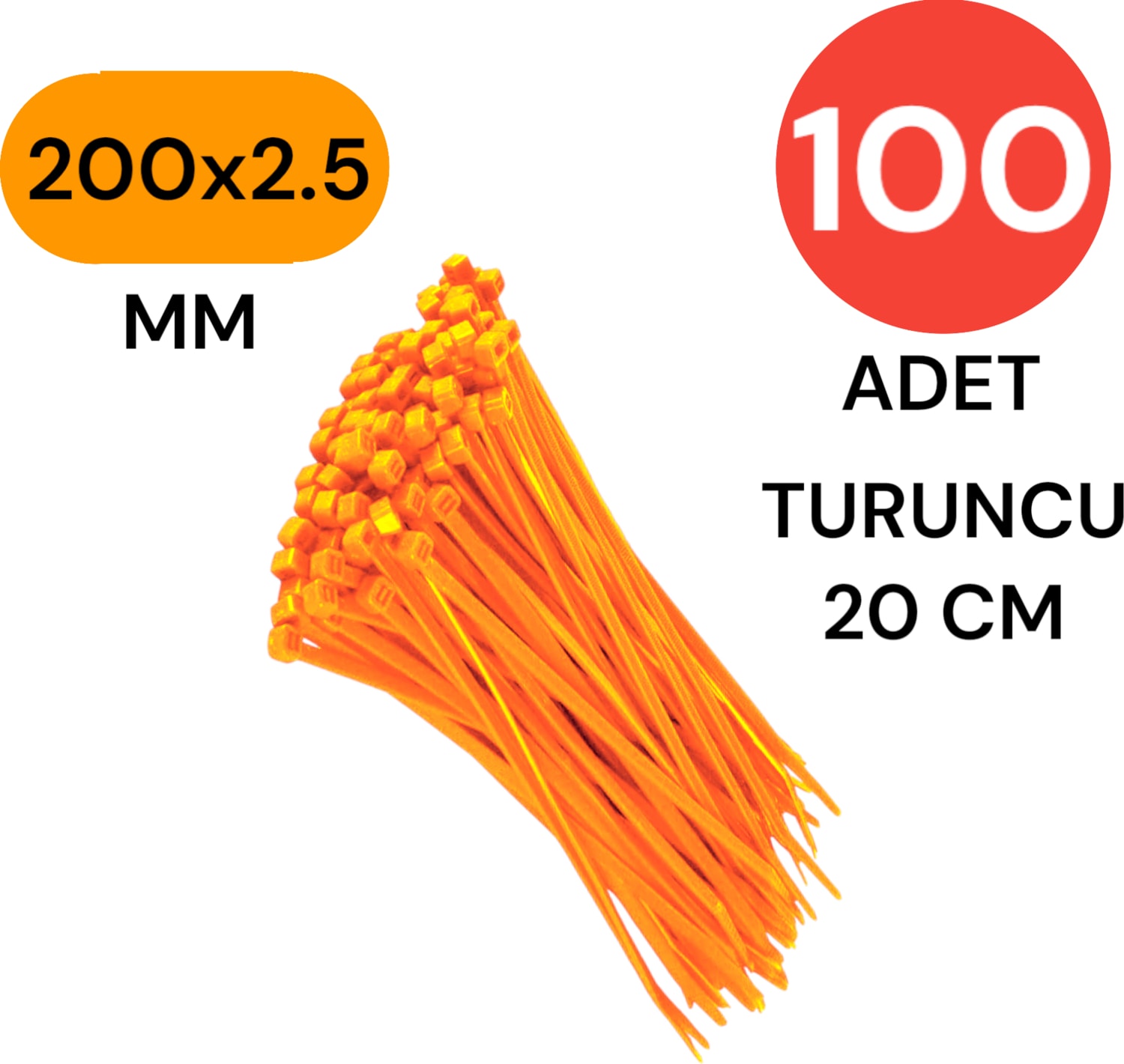 Plastik Kablo Bağı Klipsi Cırt Kelepçe 200 mm x 2.5 mm Turuncu 100 Adet