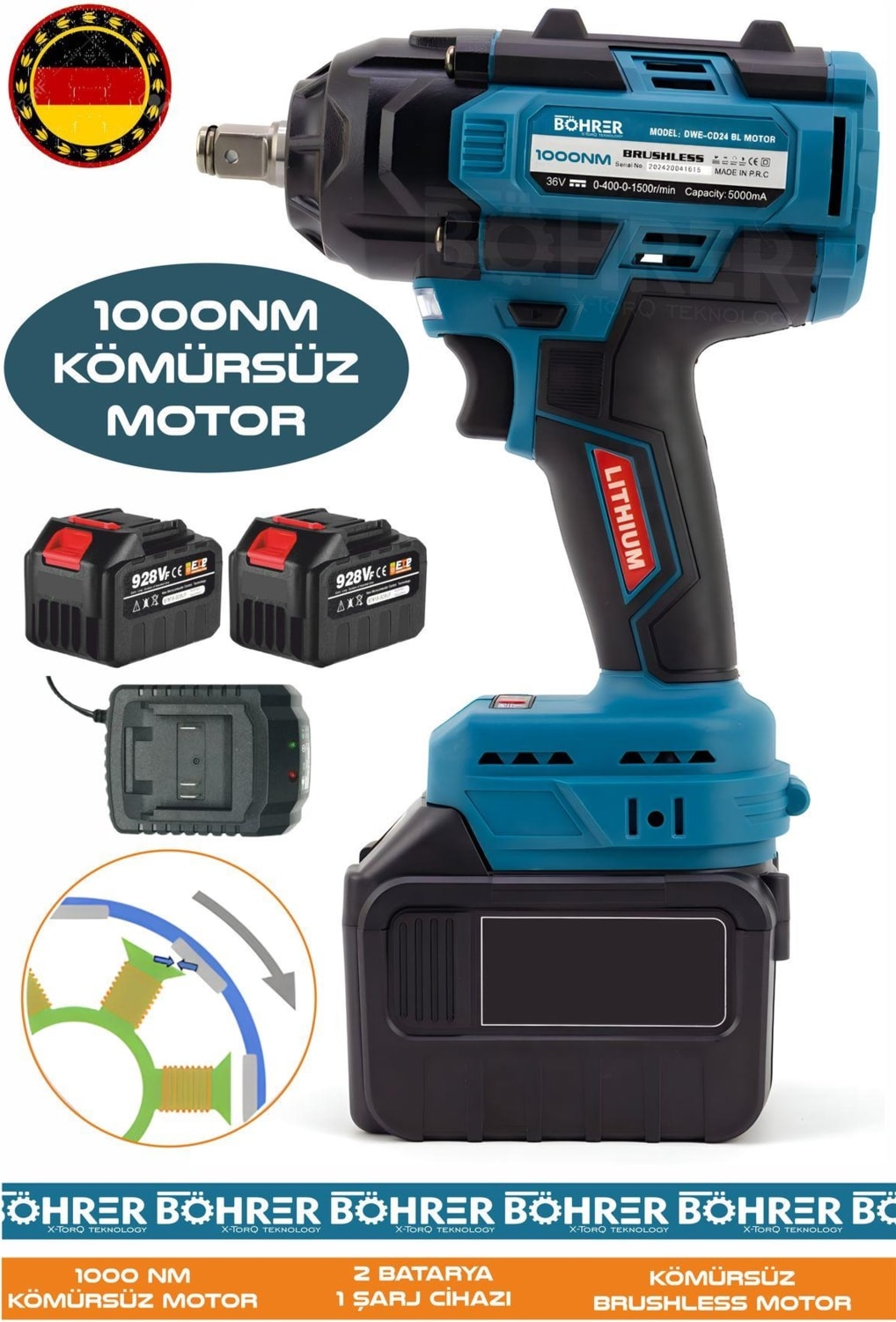 Alman V598 Akülü 1000NM Darbeli Oto Somun Sıkma Makinesi - 15 Pilli 5AH 15C Kalite