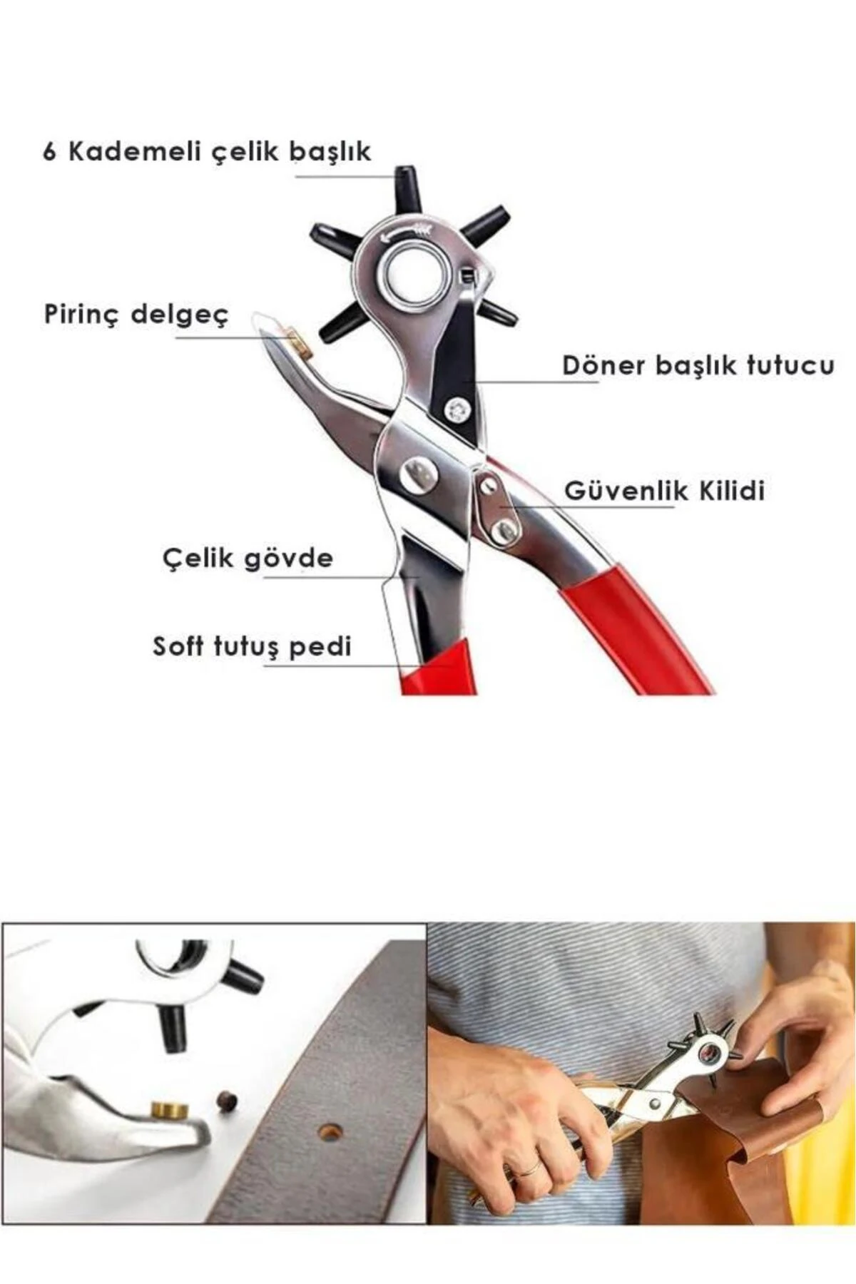 6 Başlıklı Kemer Delme Pensesi Deri Pensi Saat Kayışı Delici Yuvarlak ve Düz Delik Açıcı Alet