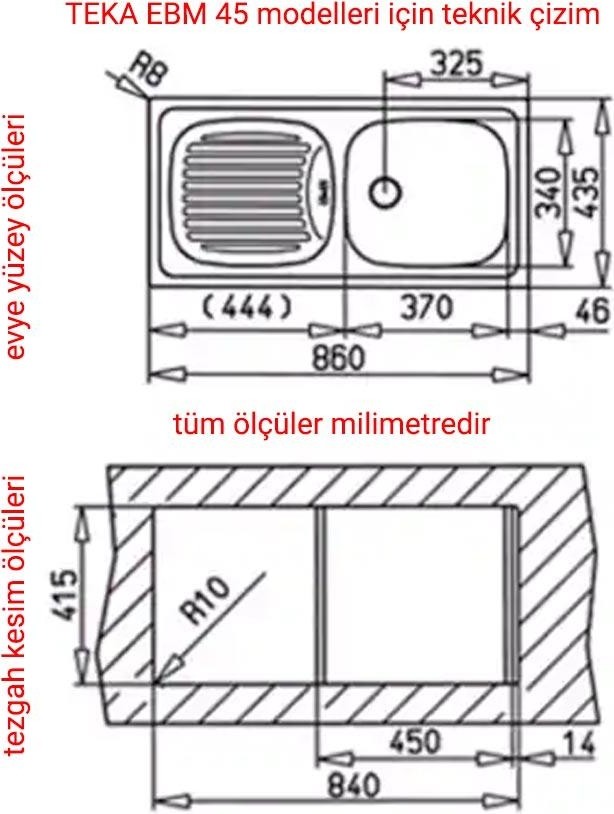 Ebm 45 Paslanmaz Çelik Evye Sol Damlacıklı İnox Düz
