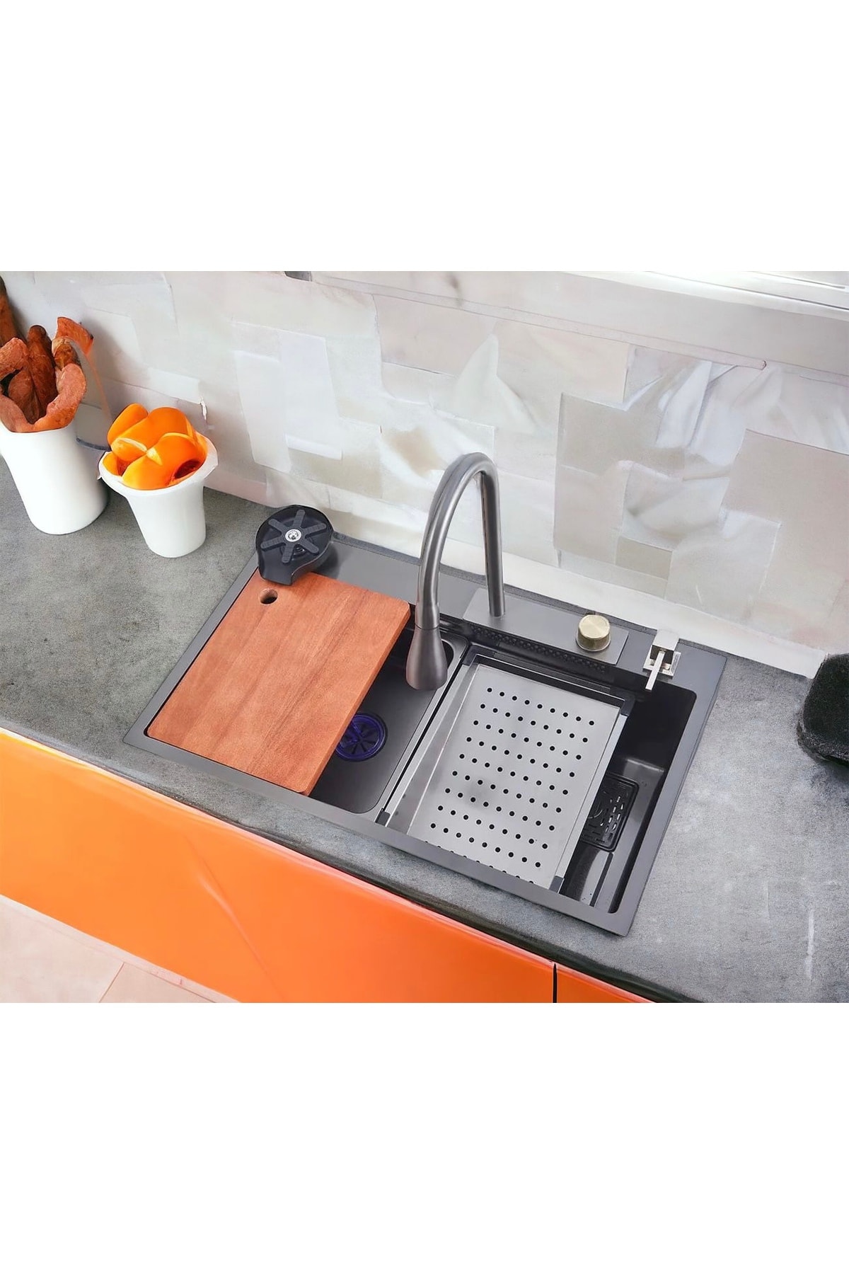 75x45 Akıllı Evye seti teknolojik bataryalı şelale Evye siyah siyah tüm aparatları dahil