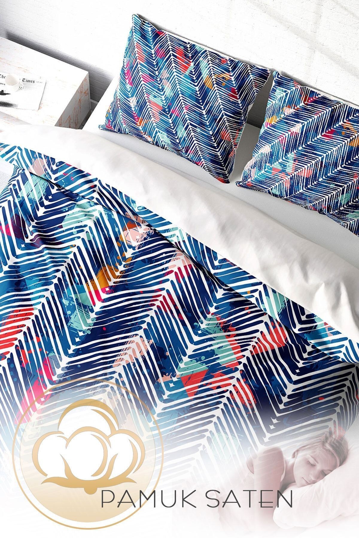Blue Pattern 3d Pamuk Saten Çift Kişilik Nevresim Takımı