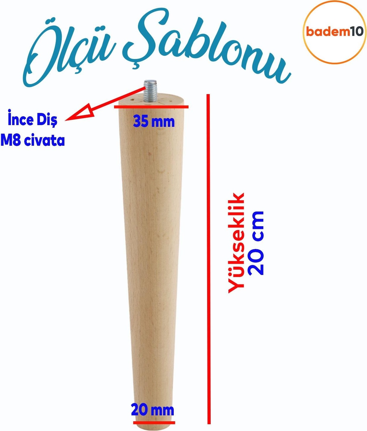 Ahşap (20 CM) Sehpa Konsol Puf Tv Ünitesi Ayağı Ayakları M8 Civatalı Bağlantı Aparatlı 4'lü Set