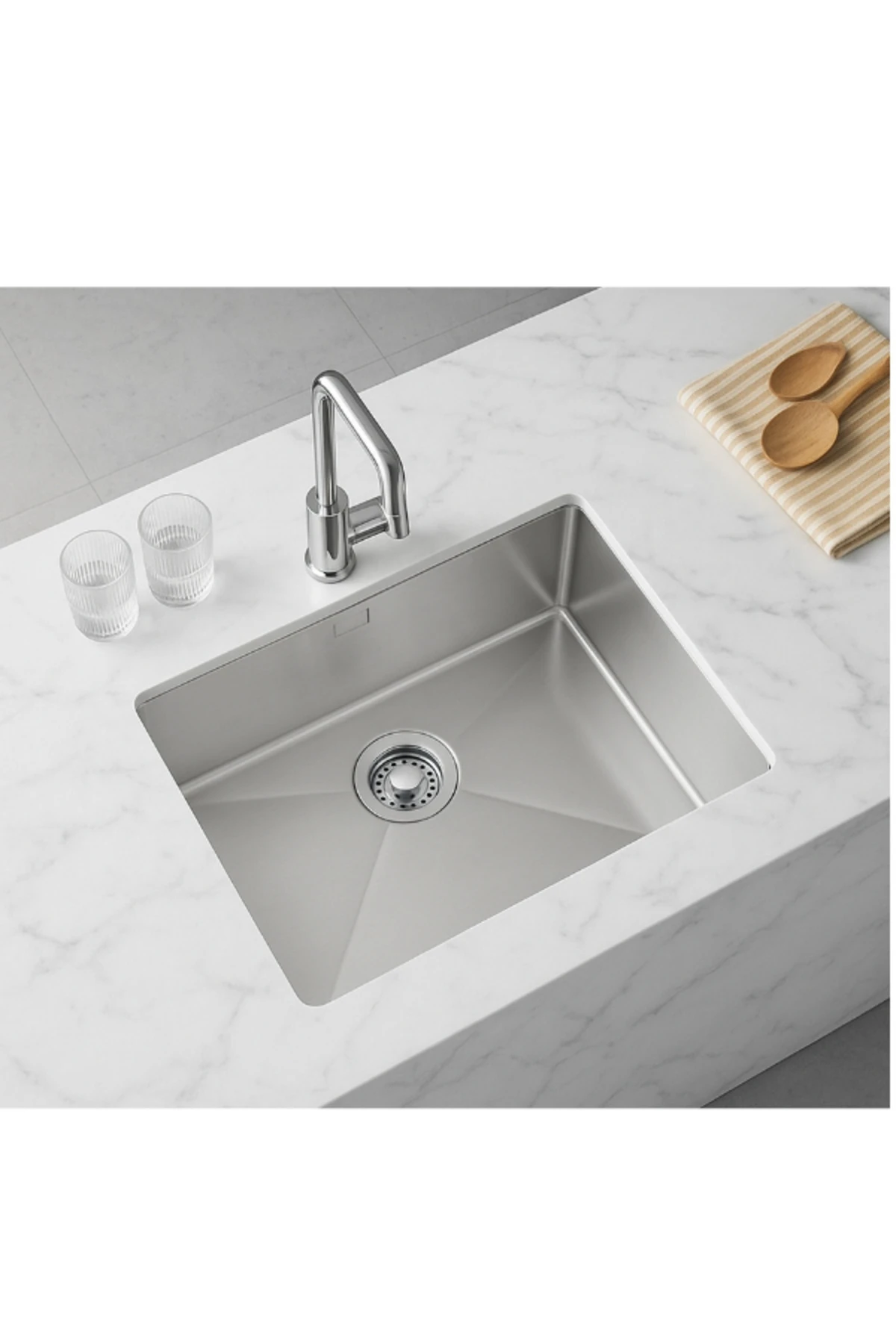 Stella Paslanmaz Çelik Mutfak Evyesi 44x44x20 Cm Sifon Seti Dahil- Tek Göz Mutfak Eviyesi