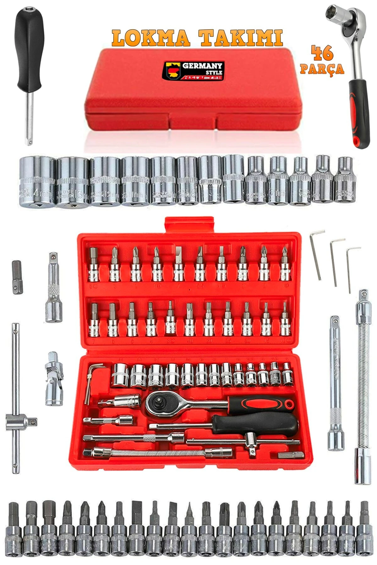 Profesyonel 46 Parça Tornavida Lokma Takımı Araç Onarımı Cırcırlı Lokma Seti Krom Vana