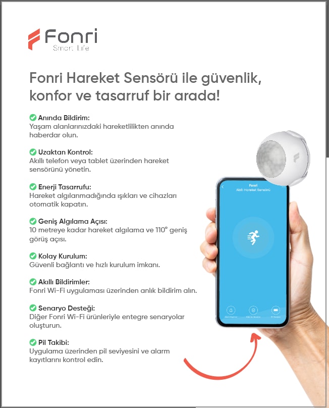 Akıllı Kablosuz Hareket Sensörü, Google Asistan Destekli, Wifi, Uzaktan Kontrol, 2 Yıl Garantili, Tuya Destekli
