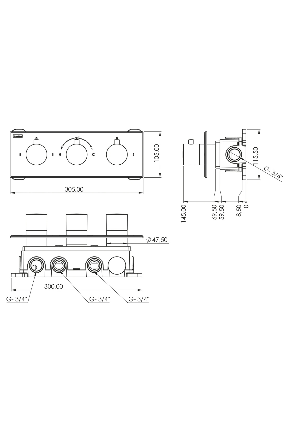 Lande Termostatik Üç Yönlü-beyaz Camlı