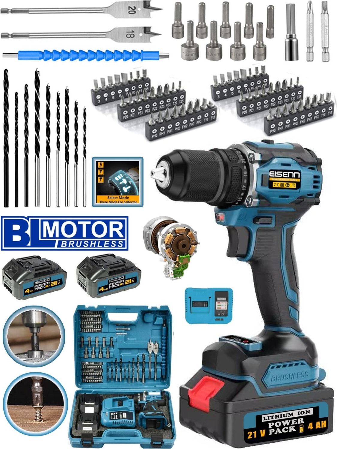 Mavi Drive Darbeli Şarjlı Matkap 21V 4AH Fırçasız Motor 84 Parça Set