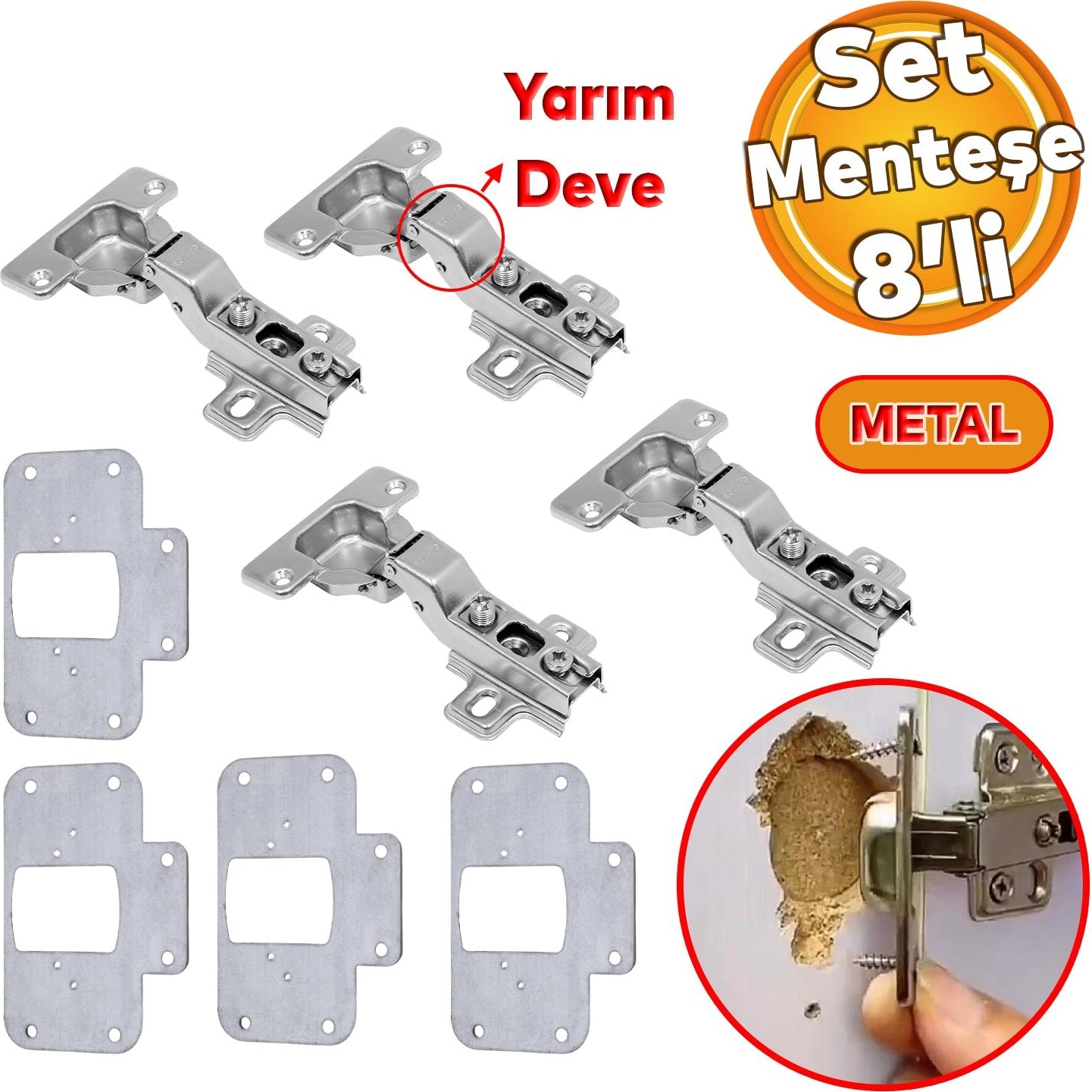 Mobilya Dolap Kapak Taş Menteşe Tamir Onarım Saç Sacı Yuva Tablası Yarım Deve Tas Menteşe 8'li Set