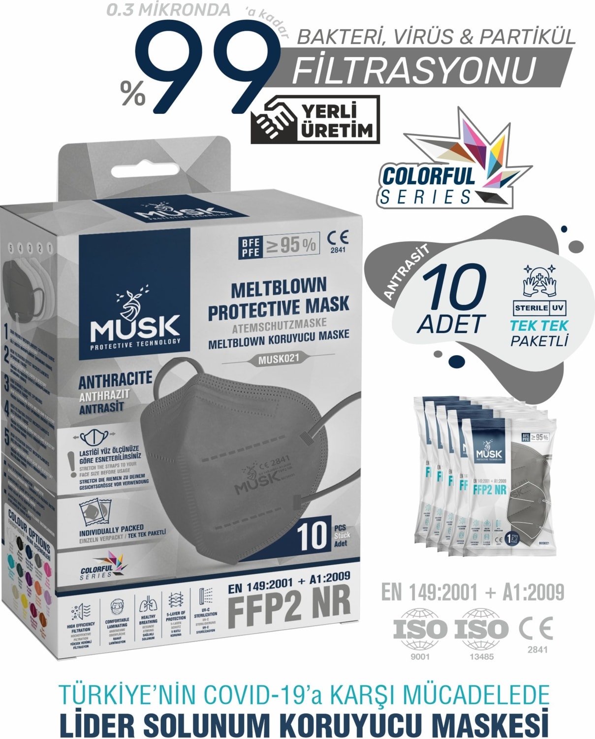 FFP2/N95 Maske Gri Renk 20 Adet