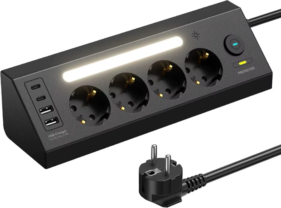 Çoklu Gece Lambalı Priz Yüksek Gerilim Korumalı 4'lü Priz 2xusb 2xtype-C Çıkışlı Grup Priz Çoğaltıcı
