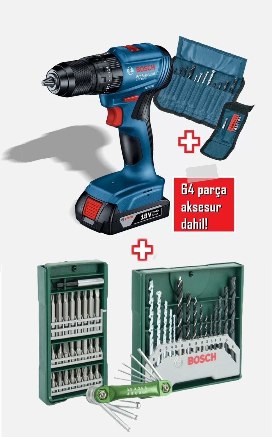BOSCH Gsb 185-LI Tek Akülü Kömürsüz Darbeli Matkap Vidalama Şarjlı Matkap + 64 Parça Bits Uç Aksesuar Seti