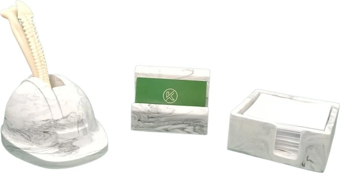 3 Parça Mermer Desenli Beton Ofis Seti Baret Şeklinde Kalemlik Kartlık Notluk