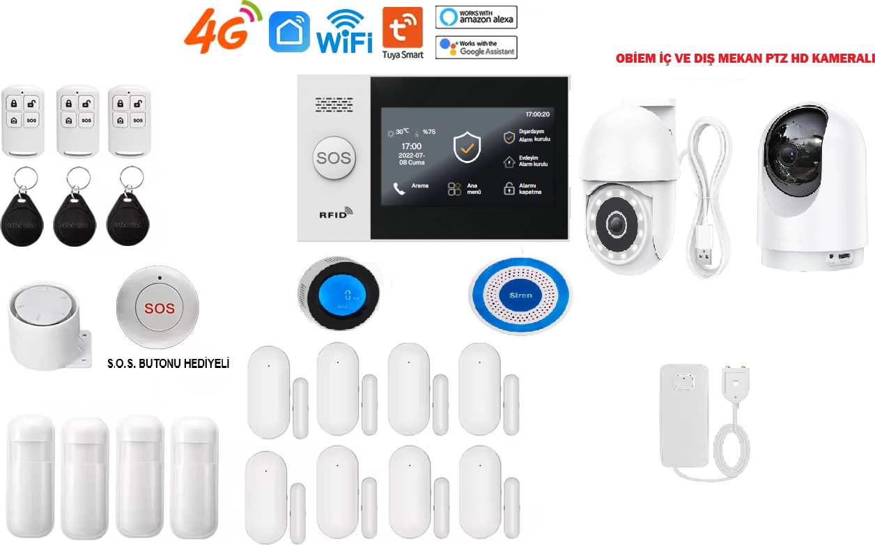 Pgst 4g Sim Kart Destekli Akıllı Ev Güvenlik Alarm Sistemi +  Iç ve Dış Mekân Ptz Hd Kamera