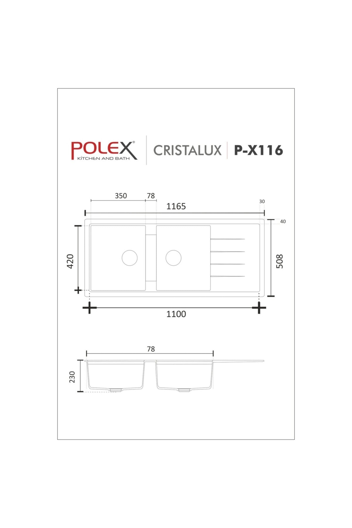 Cristalüx Granit Evye P-X116 Beyaz 2 Hazneli Tezgah Altı Ve Tezgah Üstü Mutfak Evyesi 116,5x50,8cm