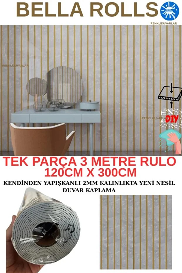 120cmx300cm Tek Parça Yapışkanlı Rulo Gold Mermer Desenli Gri Duvar Paneli Kağıdı Silivri QM0138