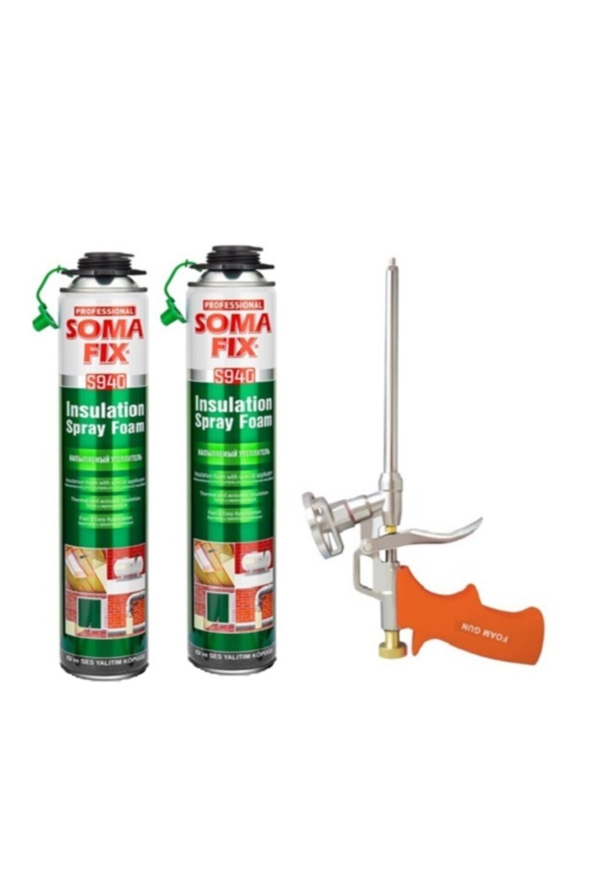 2 Ad 750ml Soma Tabancalı Isı Ses Yalıtım Köpüğü Köpük P.ü. Köpük Tabancası Temizleyicisi Seti S940