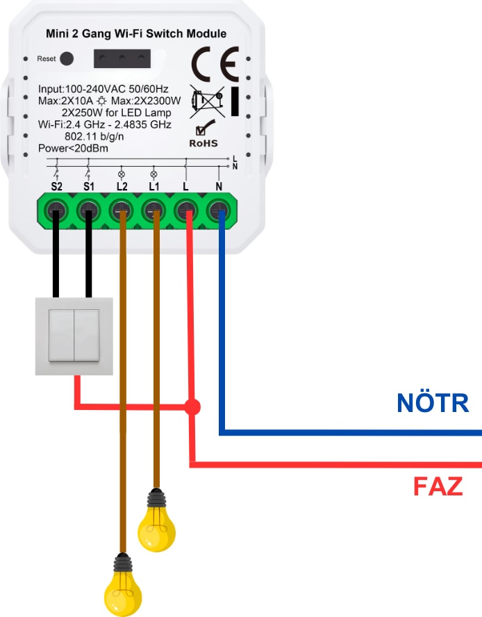 Tuya Uyumlu Ikili Wifi Akıllı Anahtar ( 2X10A / 220V Röle) Çift Çıkışlı, Anahtar Girişli, Google Asistan , Alexa Destekli