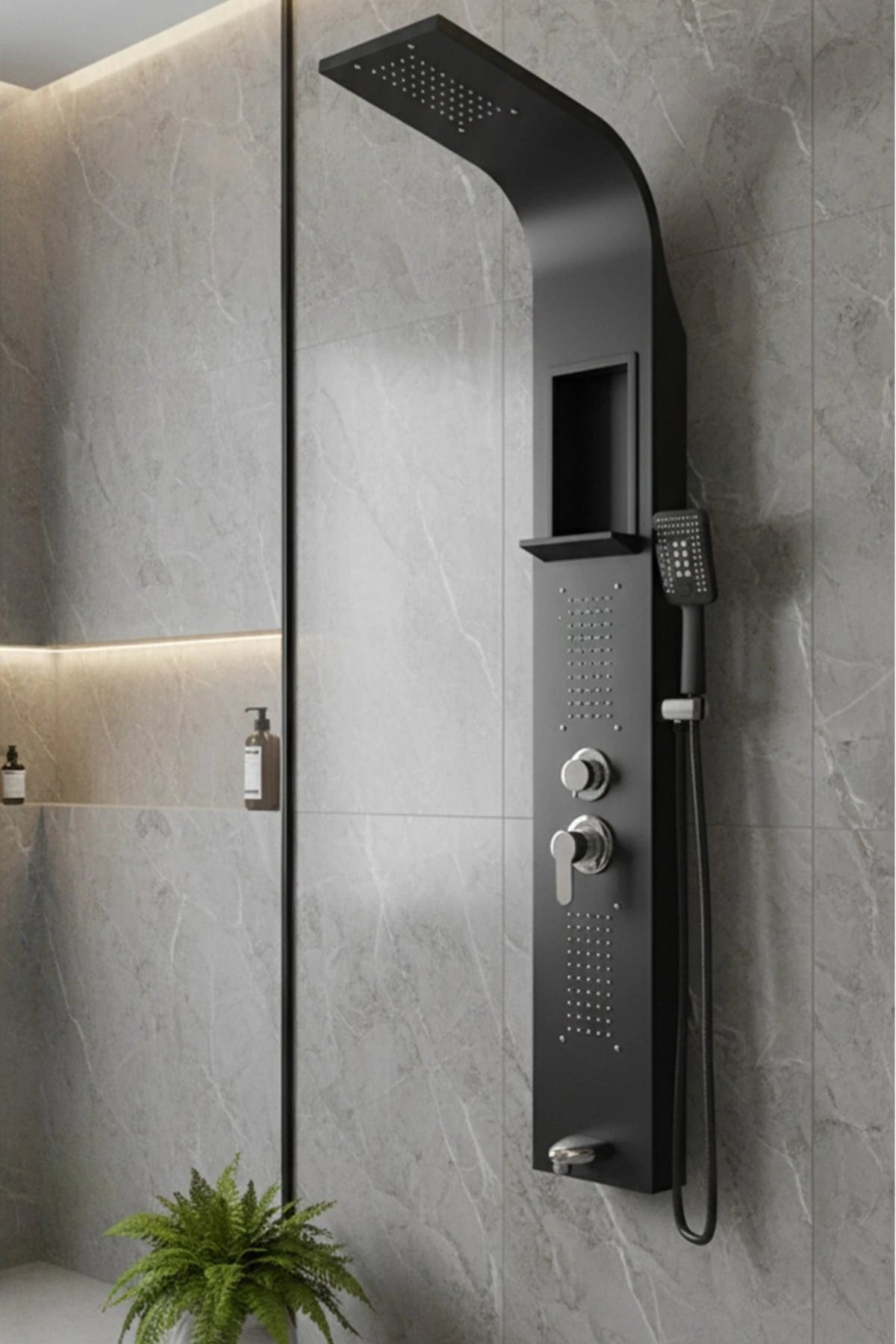 Paslanmaz Çelik Siyah Duş Paneli, Robot Duş, Duş, Duş Fiskiyesi, Masajlı Duş Seti