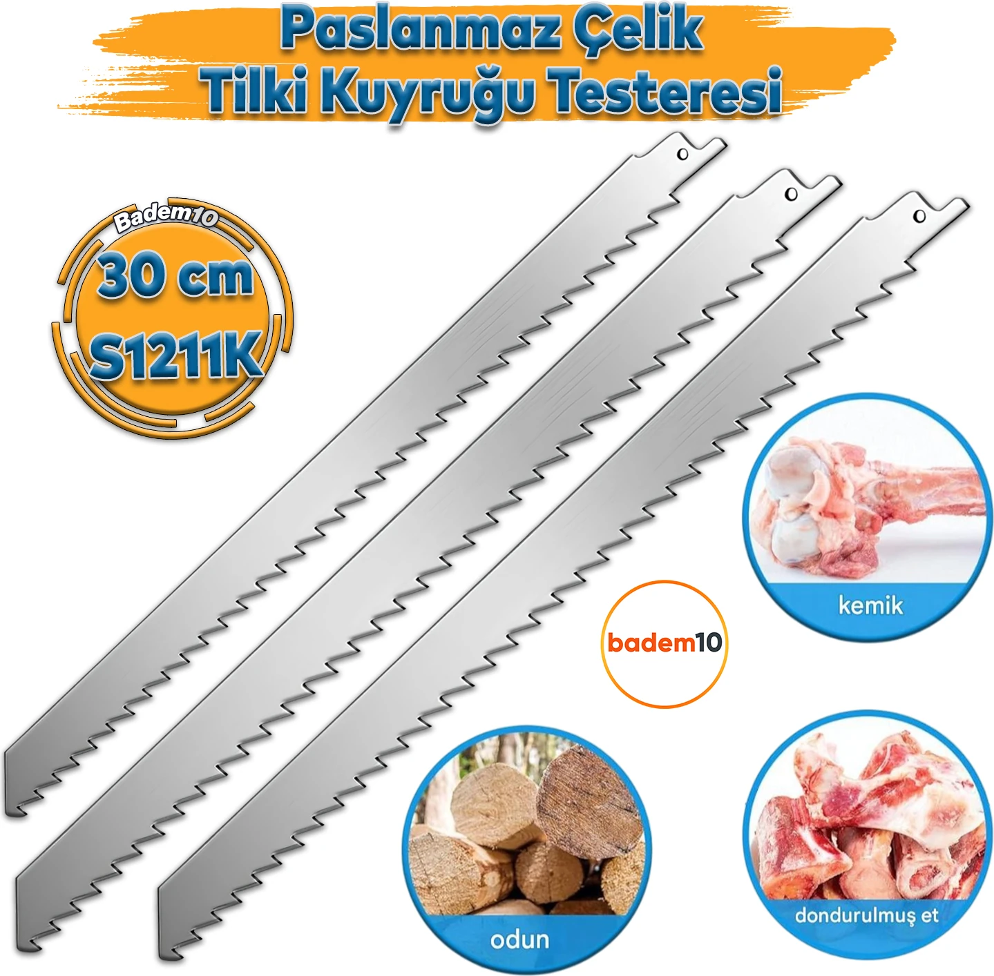 Tilki Kuyruğu Kurban Et Kemik Kesme 3'lü Testeresi Çelik Bıçak Buz Kesme Bıçağı Ağzı Ucu 30 cm