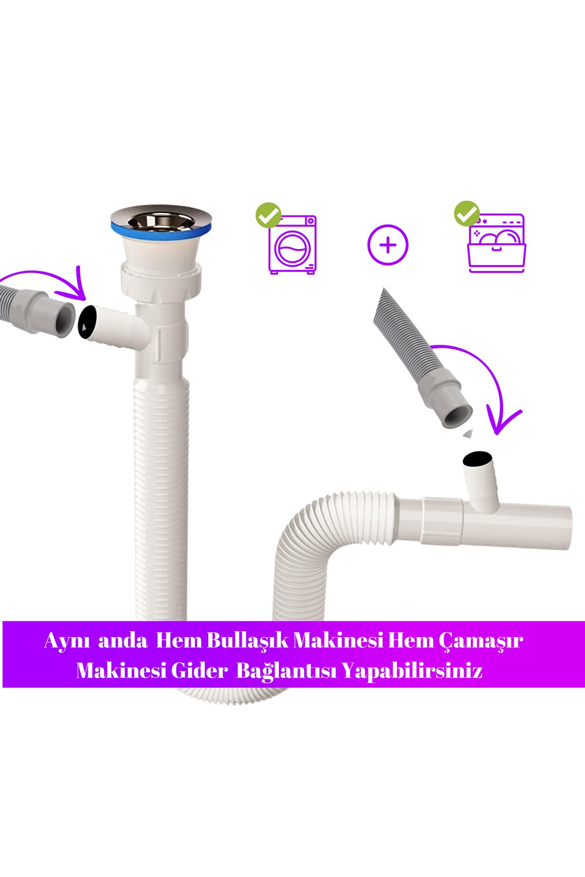 Çift Girişli Lavabo Sifonu – Bulaşık ve Çamaşır Makinesi Uyumlu | Sızdırmaz ve Dayanıklı Yapı