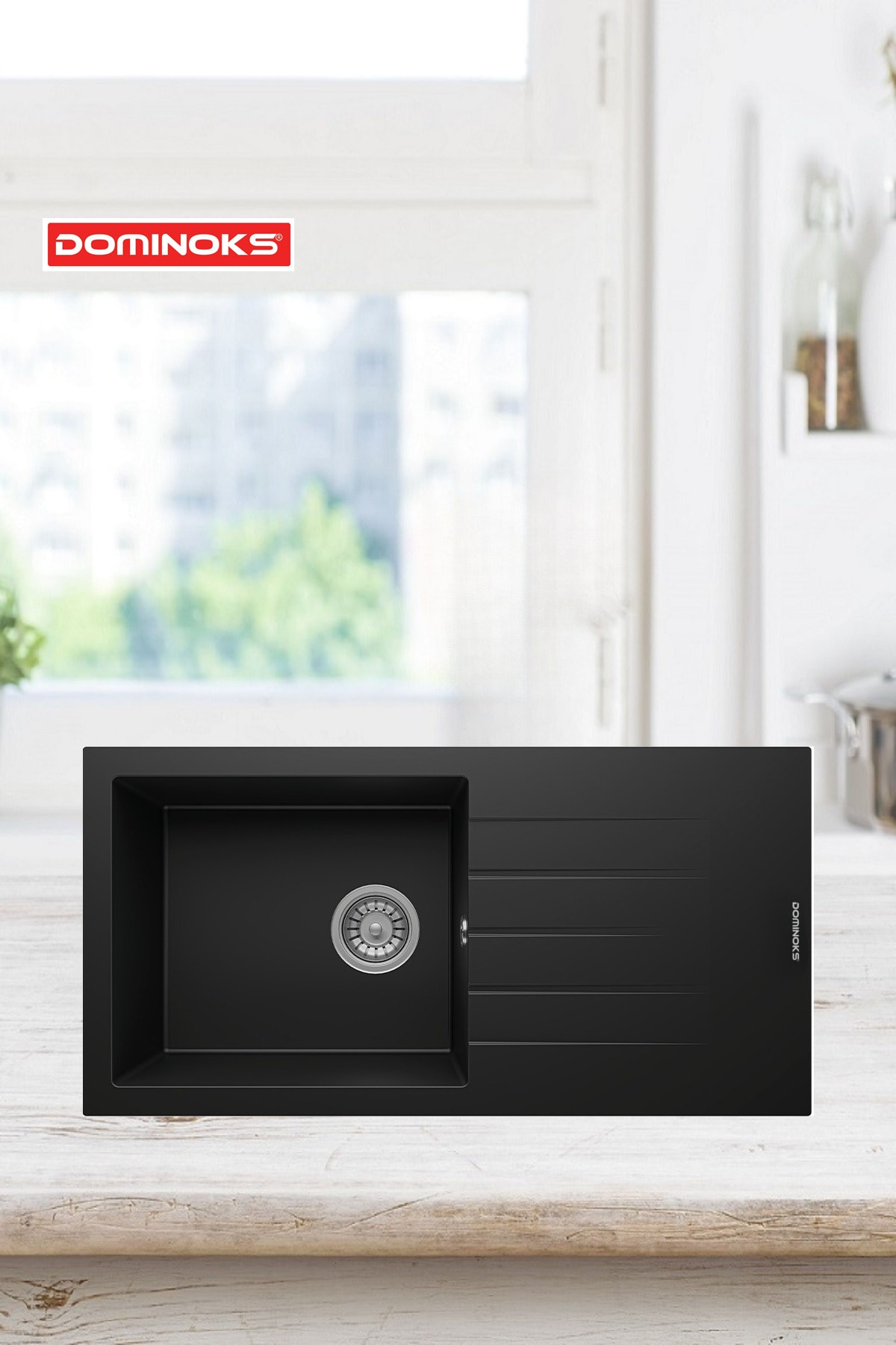 KONGO86 SİYAH 43.5X86 CM TEZGAH ÜSTÜ TEK GÖZ DAMLALIKLI GRANİT EVYE