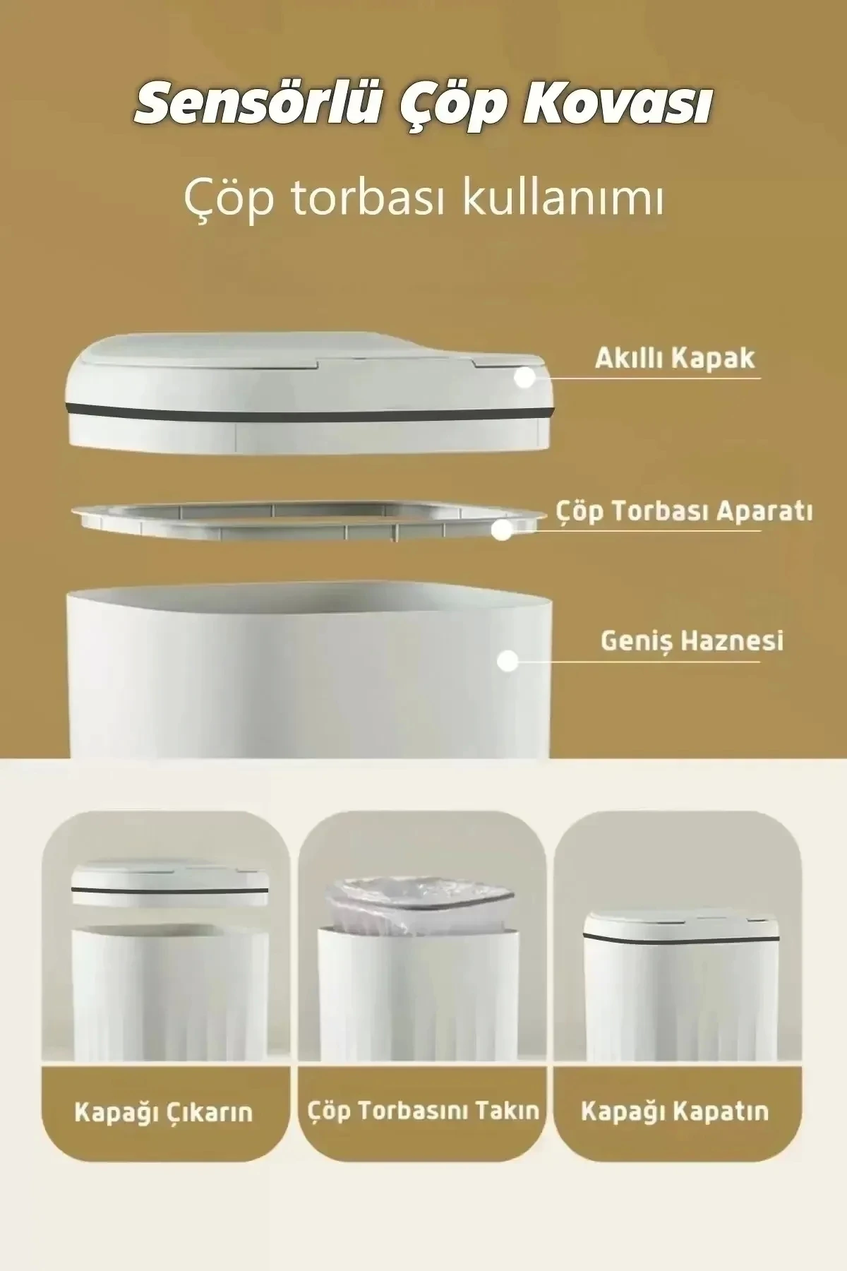 Teknolojik Çöp Kutusu Otomatik Aç Kapat Sensörlü Mutfak Banyo Ev Ofis Indüksiyon Çöp
