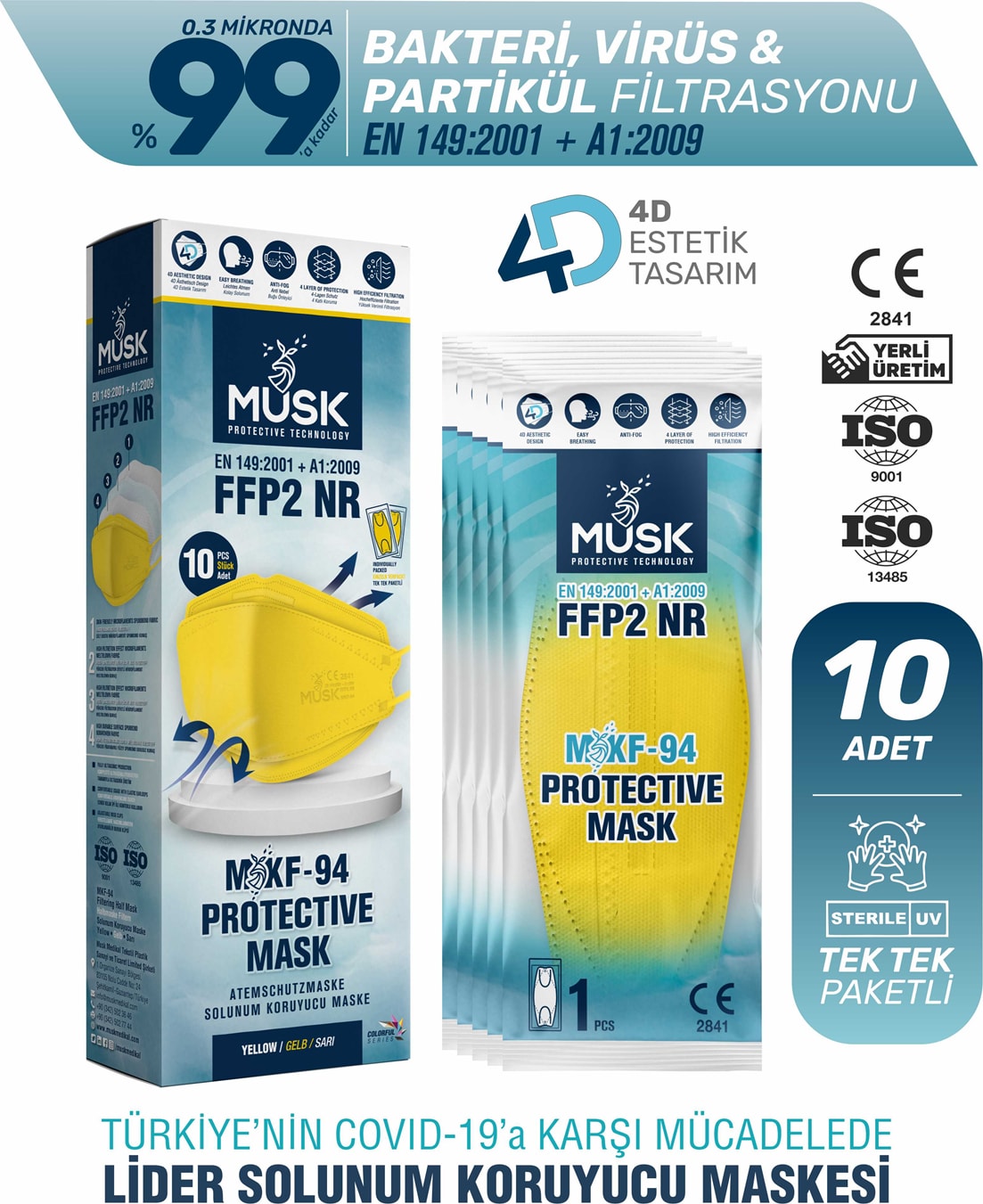 KF94 Kore Tipi Ffp2 Maske Sarı Renk 10 Adet