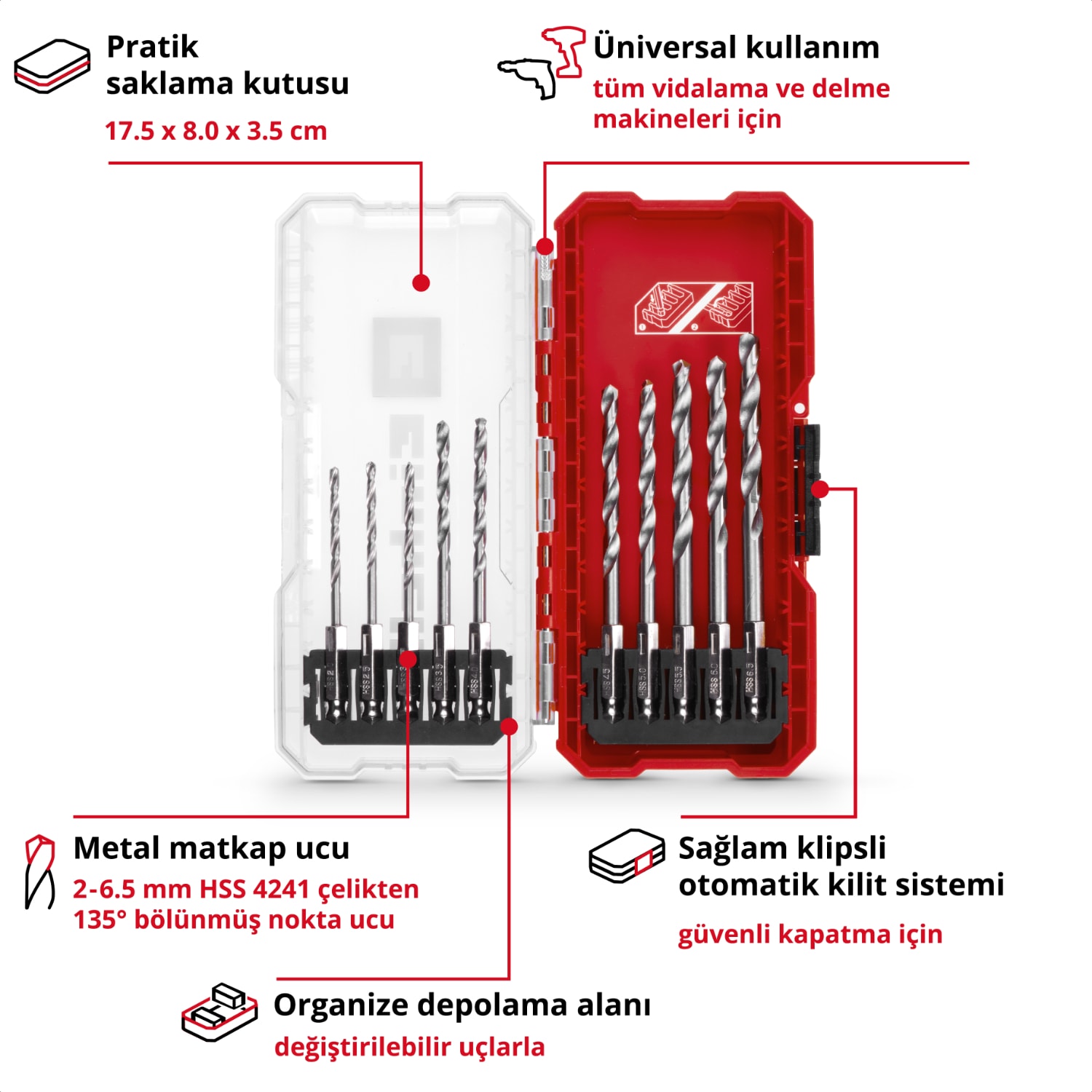 EİNHELL S-CASE 10 Parça Metal Matkap Ucu Seti (HSS 4241 Çelikten Yapılmış, E 6.3 Sap, 135° Bölünmüş Nokta Uç, Rulo Halinde Haddelenmiş N Tipi Spiral, Saklama Kutusu Dahil)