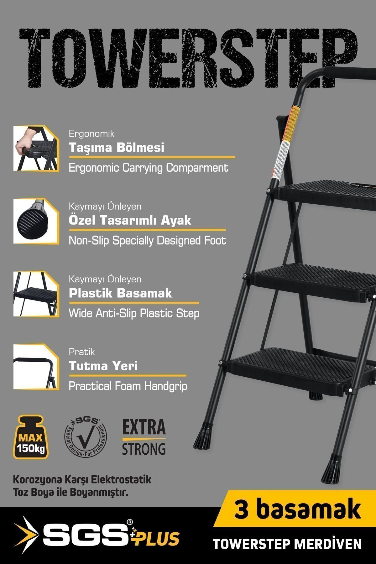 Sgs1193 Towerstep 3 Basamak Extra Geniş Basamaklı Metal Merdiven 150 Kg Taşıma Kapasiteli