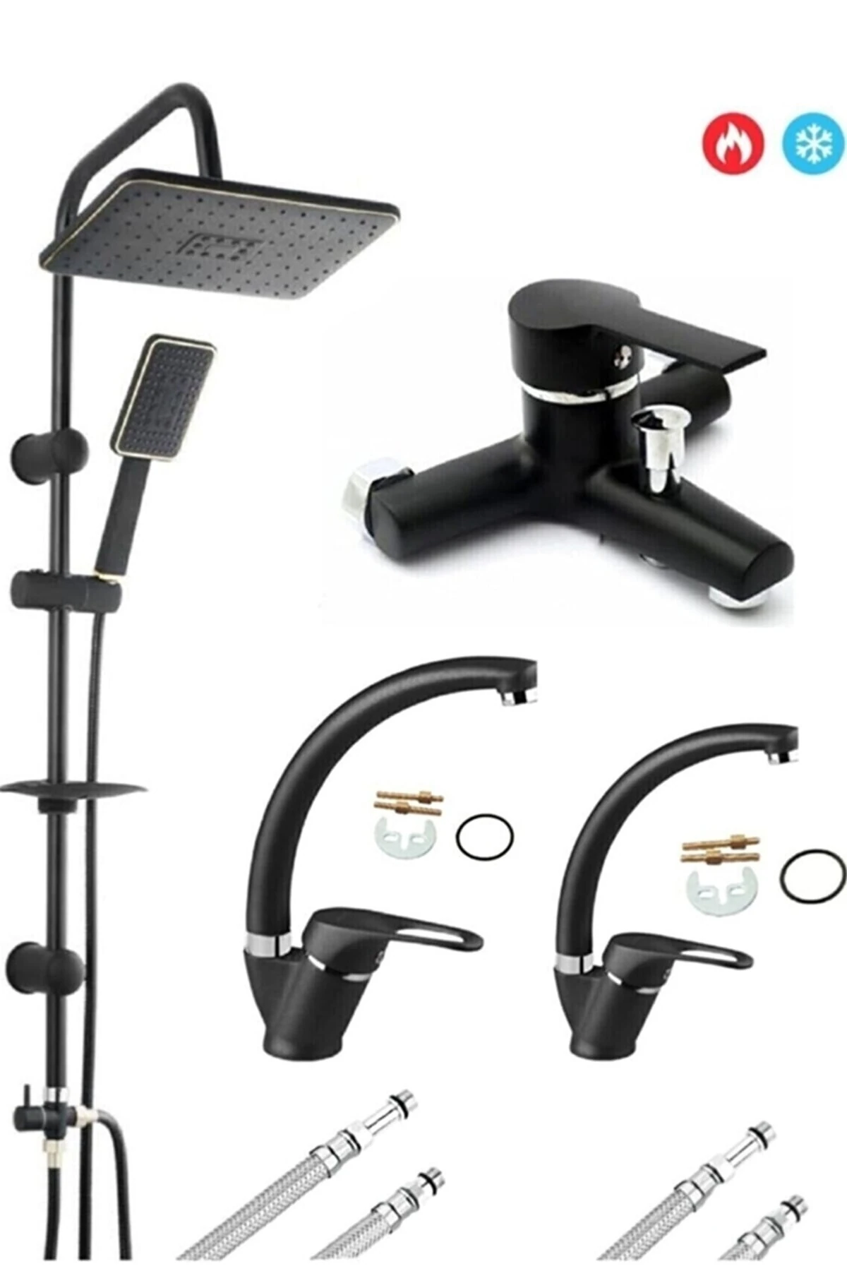 Lüx Siyah Robot Tepe Yağmurlama Banyo-mutfak-lavobo Bataryası Musluğu Çeşmesi 4'lü Set